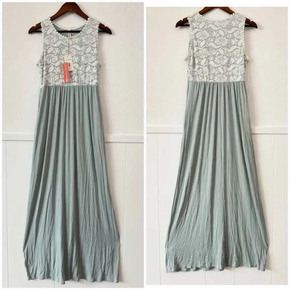 Vanilla Bay Sage Lace Maxi Dress M Boho Sleeveless Empire Waist Cottagecore NWT - Picture 2 of 9